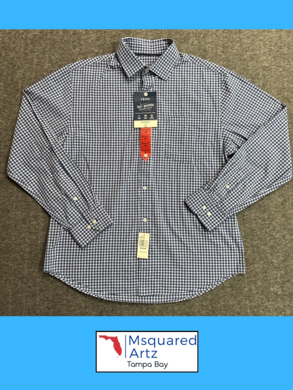 IZOD Soft Washed Essentials Blue Gingham Button Front Shirt Medium NWT